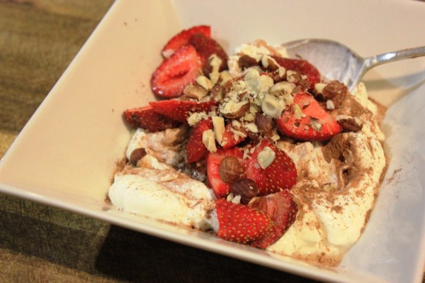 Desert: Greek yoghurt with strawberries, raw cacao powder and crushed hazelnuts